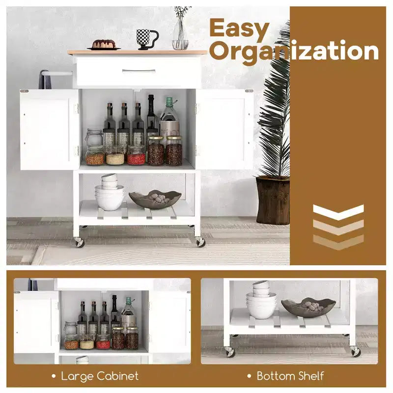 Îlot de cuisine roulant avec tiroir, armoire de rangement à 2 portes et plateau inférieur