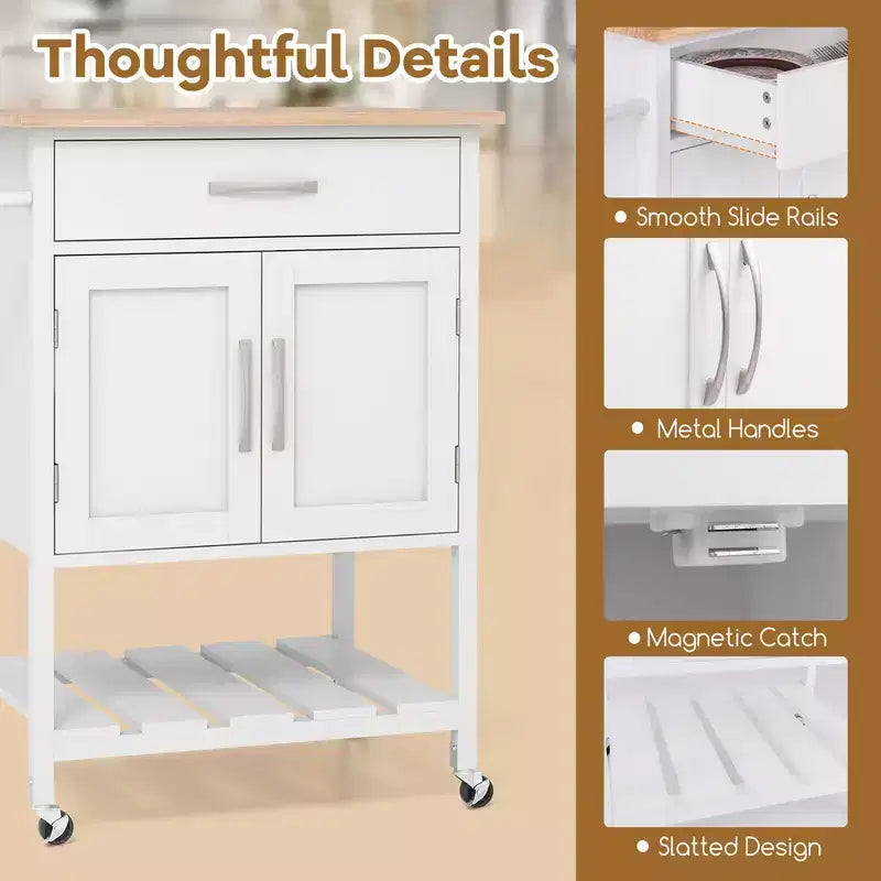 Îlot de cuisine roulant avec tiroir, armoire de rangement à 2 portes et plateau inférieur