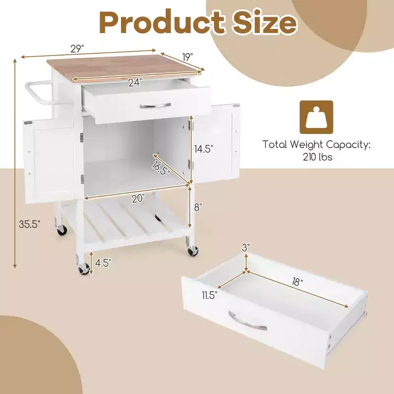 Îlot de cuisine roulant avec tiroir, armoire de rangement à 2 portes et plateau inférieur