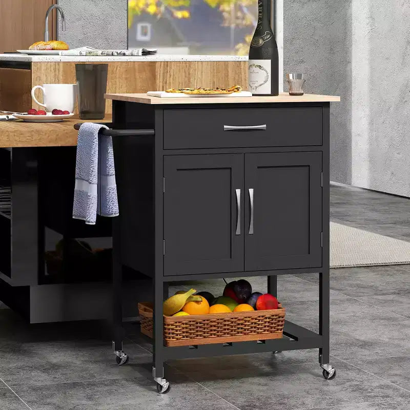 Îlot de cuisine roulant avec tiroir, armoire de rangement à 2 portes et plateau inférieur