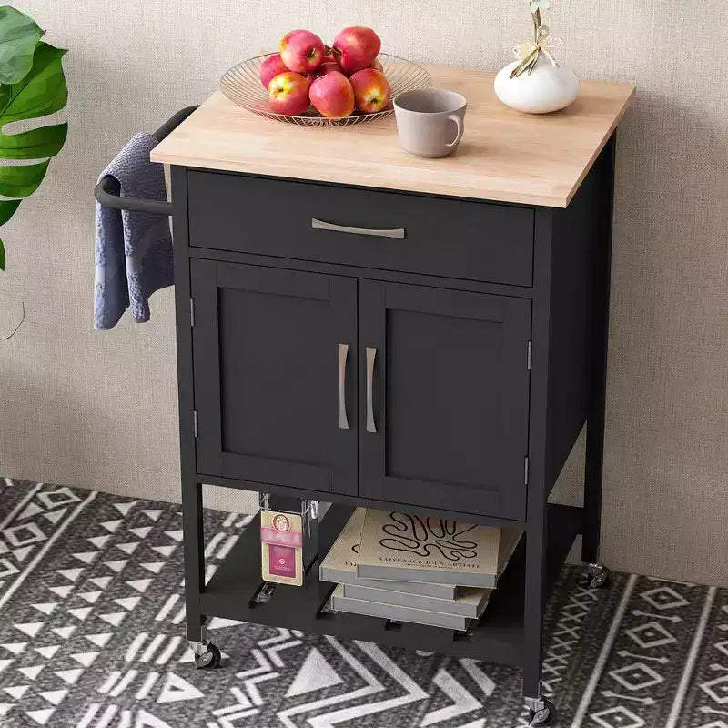 Îlot de cuisine roulant avec tiroir, armoire de rangement à 2 portes et plateau inférieur