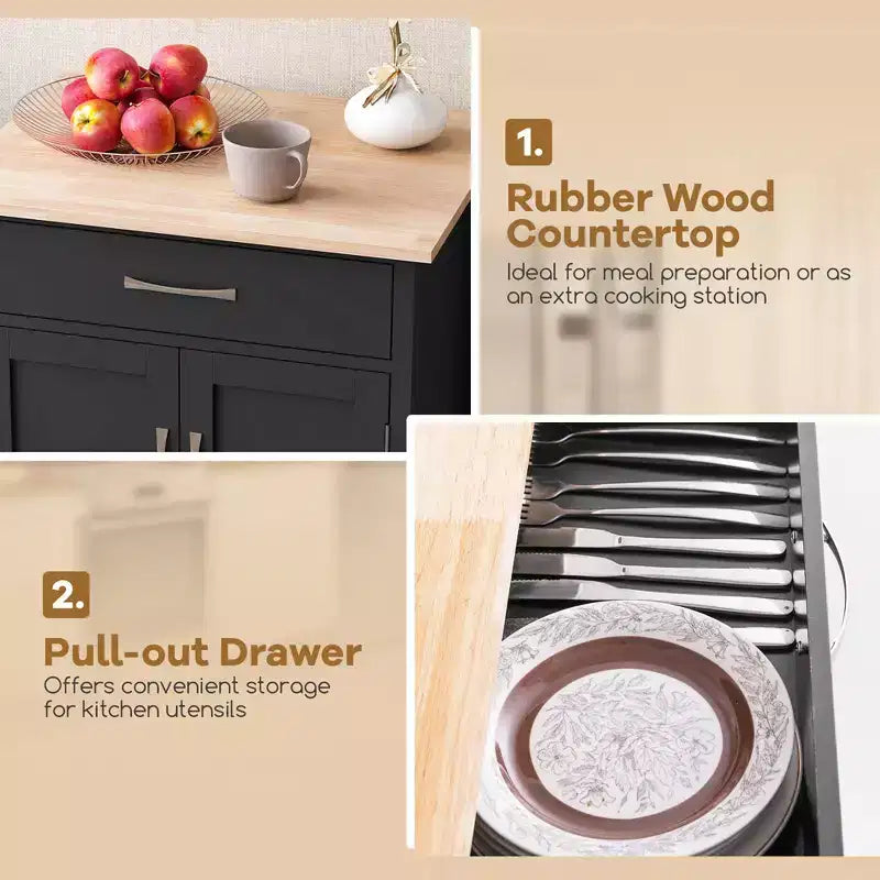 Îlot de cuisine roulant avec tiroir, armoire de rangement à 2 portes et plateau inférieur
