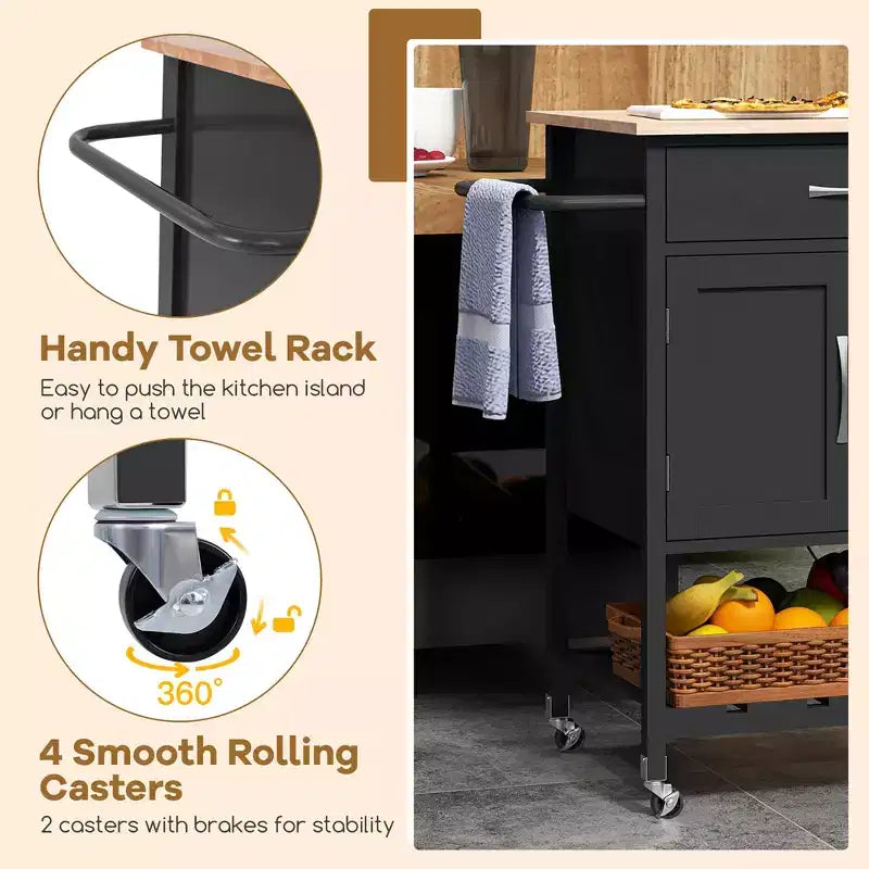 Îlot de cuisine roulant avec tiroir, armoire de rangement à 2 portes et plateau inférieur