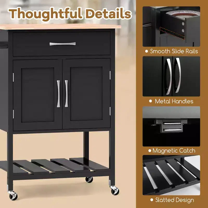 Îlot de cuisine roulant avec tiroir, armoire de rangement à 2 portes et plateau inférieur