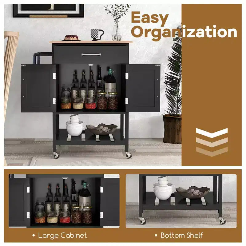 Îlot de cuisine roulant avec tiroir, armoire de rangement à 2 portes et plateau inférieur