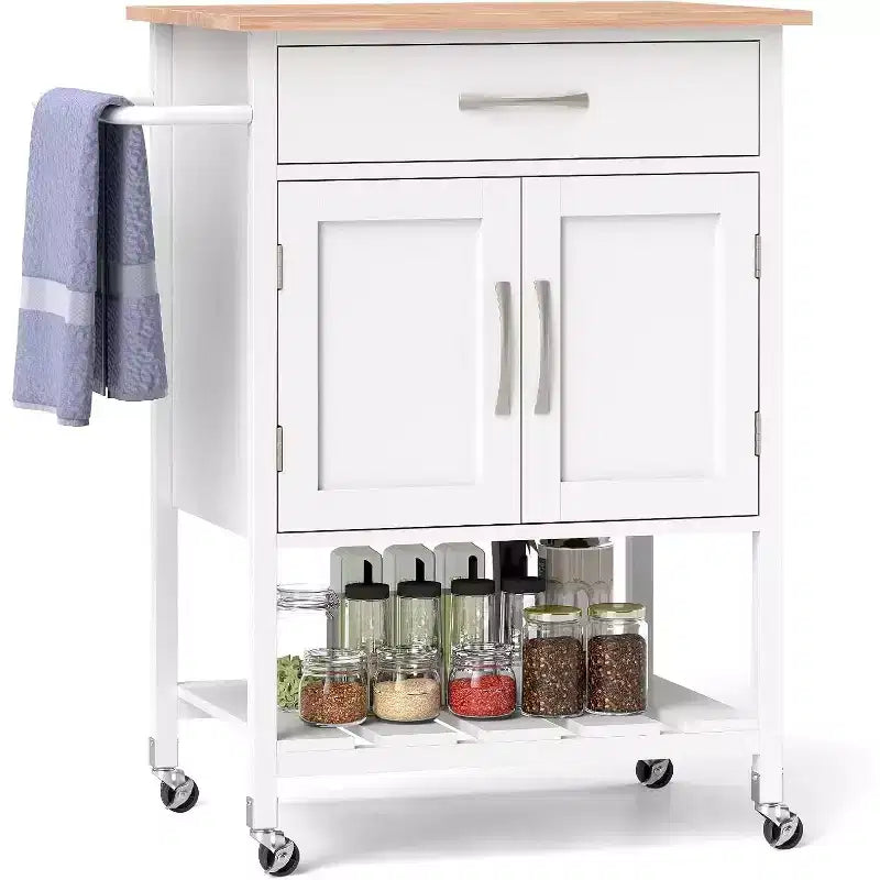 Îlot de cuisine roulant avec tiroir, armoire de rangement à 2 portes et plateau inférieur