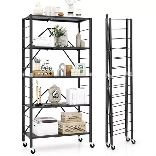 Costway 5-Tier Foldable Storage Shelf w/ Wheels Adjustable Shelves Metal Shelving Unit