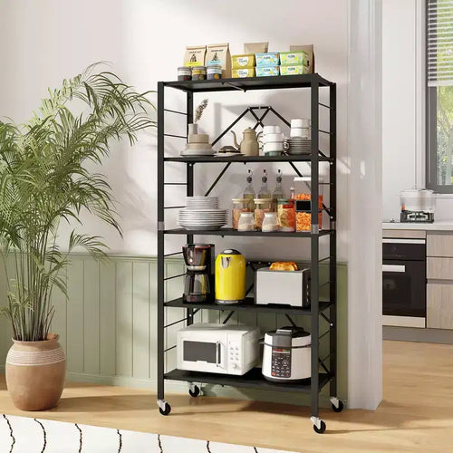 Étagère de rangement pliable à 5 niveaux avec roulettes et étagères réglables en métal