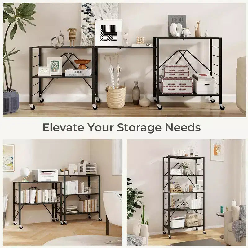 Étagère de rangement pliable à 5 niveaux avec roulettes et étagères réglables en métal