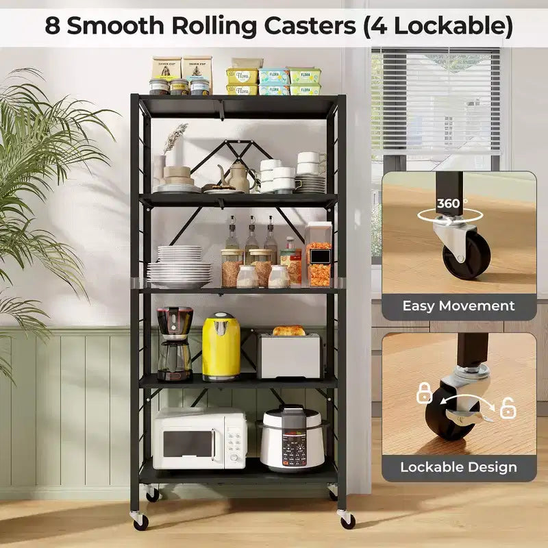 Étagère de rangement pliable à 5 niveaux avec roulettes et étagères réglables en métal