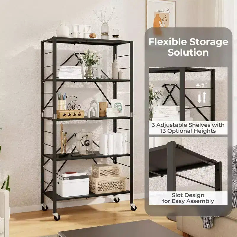 Étagère de rangement pliable à 5 niveaux avec roulettes et étagères réglables en métal