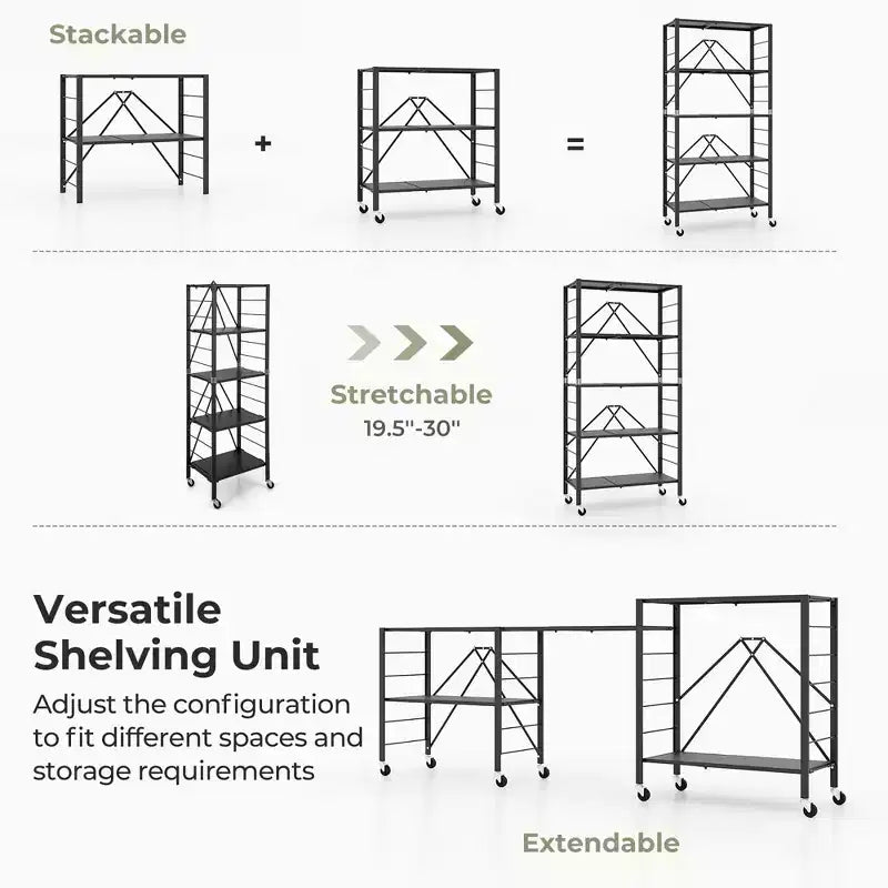 Étagère de rangement pliable à 5 niveaux avec roulettes et étagères réglables en métal