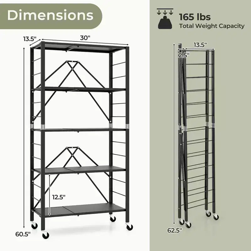 Étagère de rangement pliable à 5 niveaux avec roulettes et étagères réglables en métal