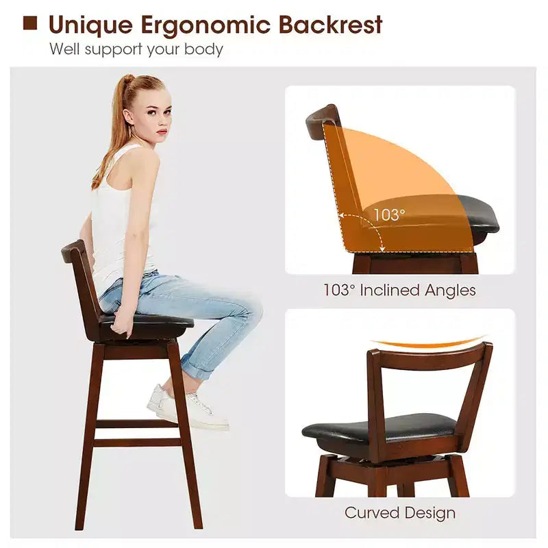 Tabouret de bar pivotant à hauteur de comptoir 30,5, assise en cuir PU capitonné, dossier creux