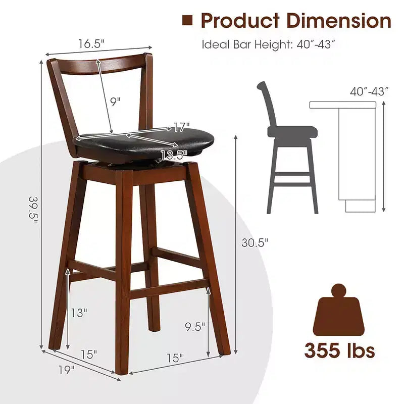 Tabouret de bar pivotant à hauteur de comptoir 30,5, assise en cuir PU capitonné, dossier creux