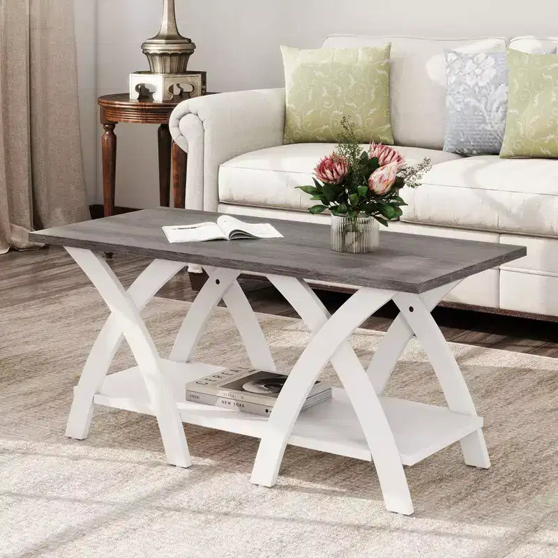Table basse de 40 po avec étagère de rangement et pieds en X pour salon ou chambre à coucher