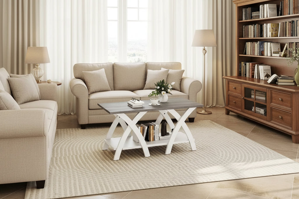 Table basse de 40 po avec étagère de rangement et pieds en X pour salon ou chambre à coucher