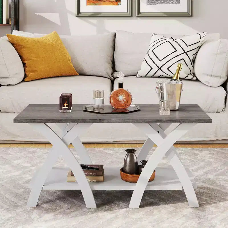 Table basse de 40 po avec étagère de rangement et pieds en X pour salon ou chambre à coucher