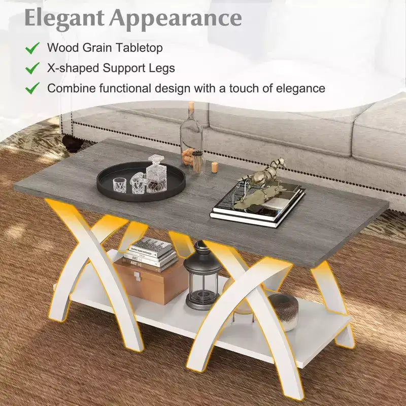 Table basse de 40 po avec étagère de rangement et pieds en X pour salon ou chambre à coucher
