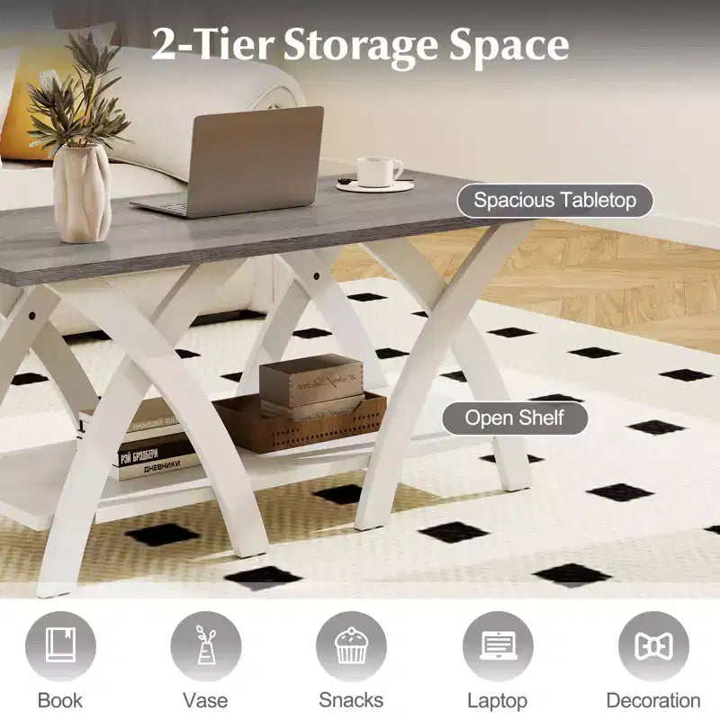 Table basse de 40 po avec étagère de rangement et pieds en X pour salon ou chambre à coucher