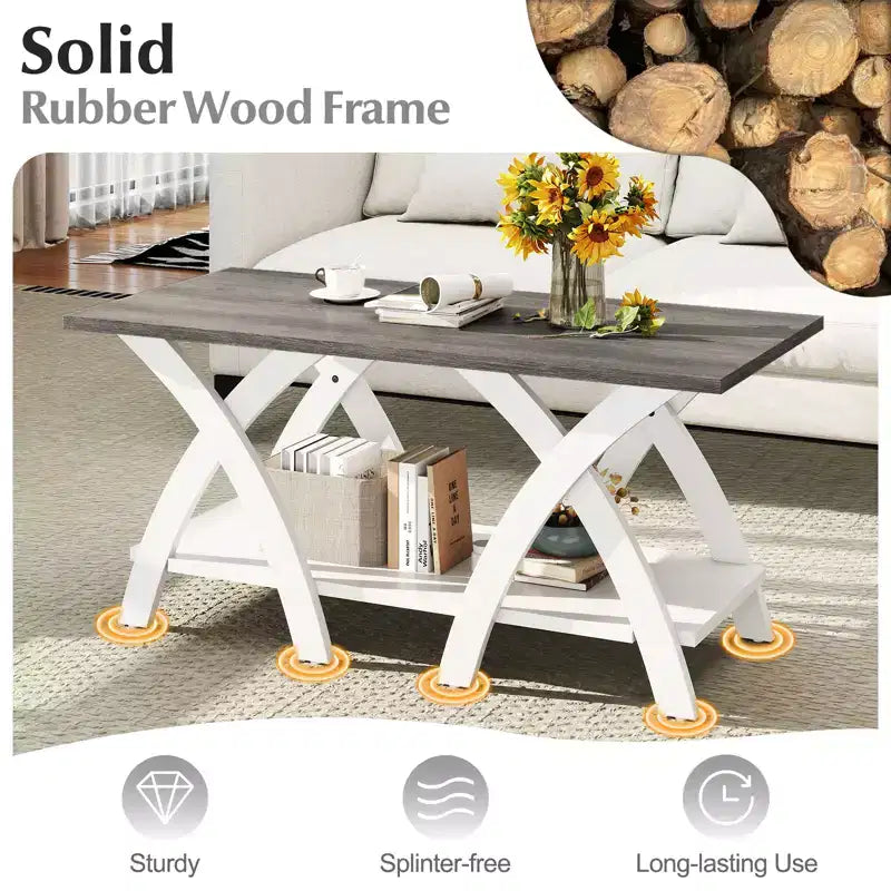 Table basse de 40 po avec étagère de rangement et pieds en X pour salon ou chambre à coucher