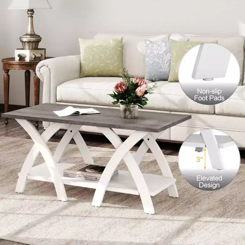 Table basse de 40 po avec étagère de rangement et pieds en X pour salon ou chambre à coucher