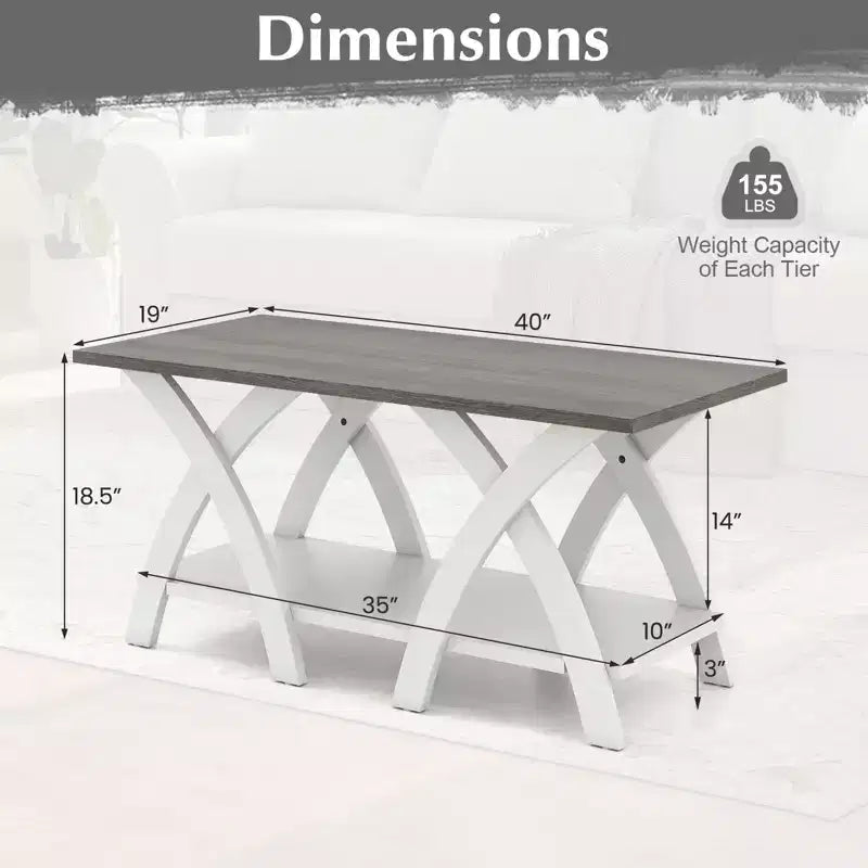 Table basse de 40 po avec étagère de rangement et pieds en X pour salon ou chambre à coucher