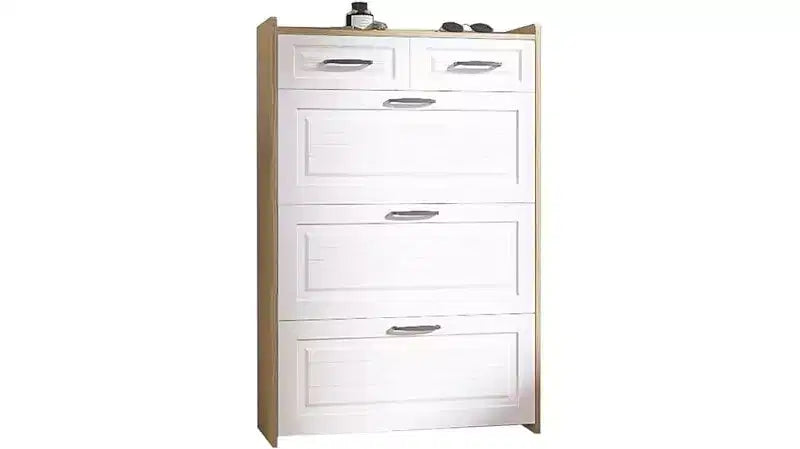 Meuble à chaussures avec 3 tiroirs basculants, 2 tiroirs de rangement, organisateur de chaussures autoportant moderne pour couloir, chambre à coucher, entrée, rangement blanc