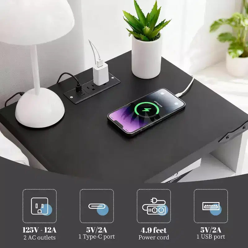 Table de chevet de ferme avec station de recharge, table d'appoint rustique à 2 tiroirs avec ports USB et prises, table de chevet industrielle en bois, blanche