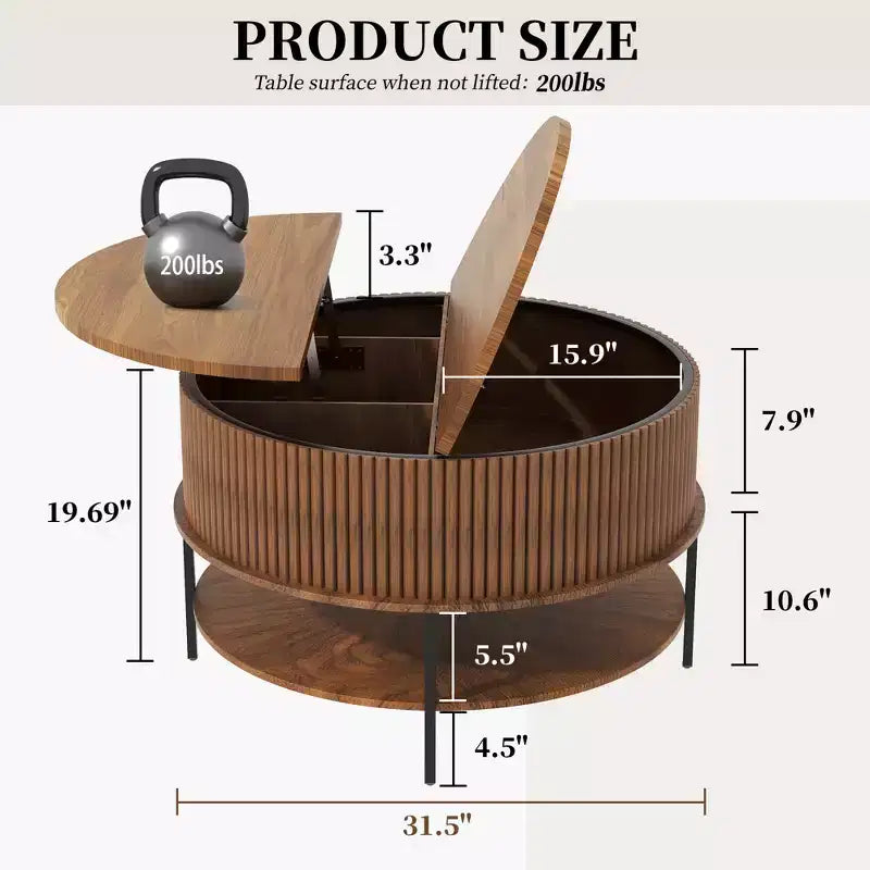 Table basse ronde Lewis Rustic 31.5 avec plateau relevable et rangement caché