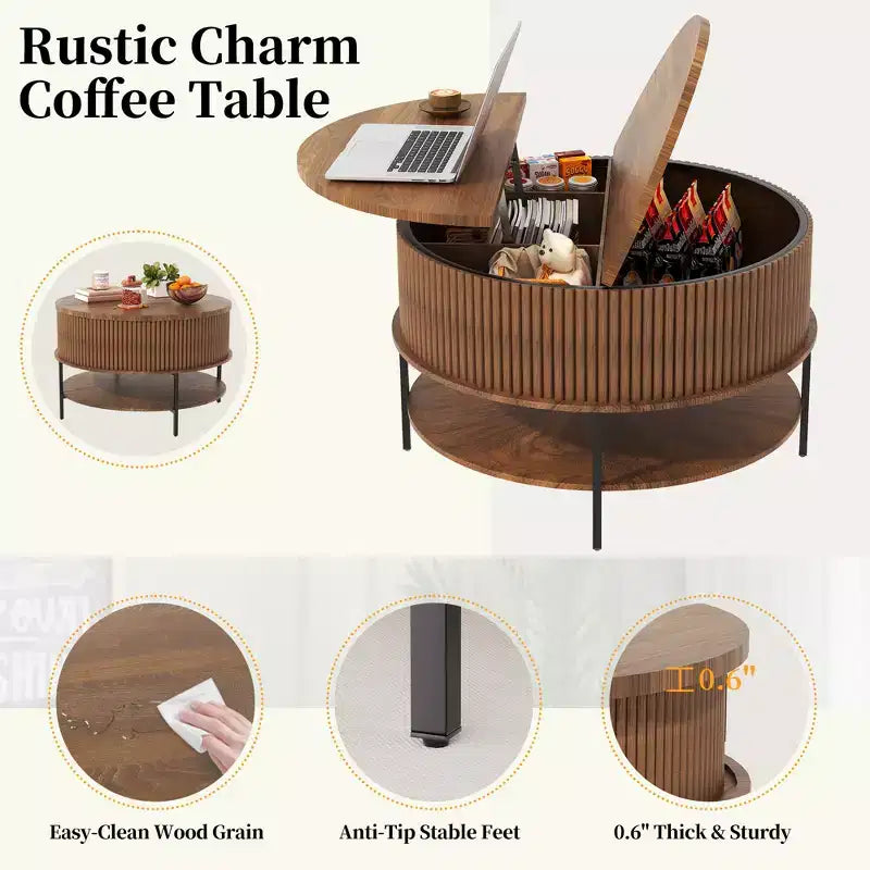 Table basse ronde Lewis Rustic 31.5 avec plateau relevable et rangement caché