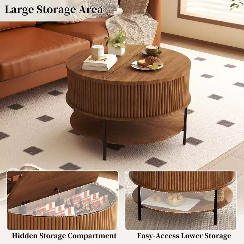 Table basse ronde Lewis Rustic 31.5 avec plateau relevable et rangement caché