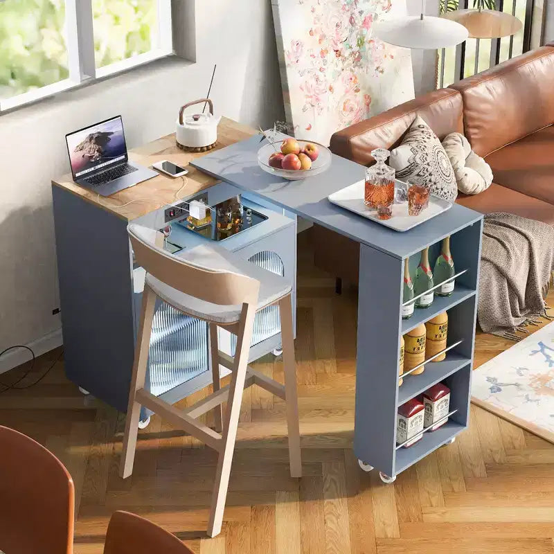 Îlot de cuisine roulant avec table extensible, îlot de cuisine sur roulettes avec lumières LED, prises électriques, 2 portes en verre cannelé et étagères de rangement