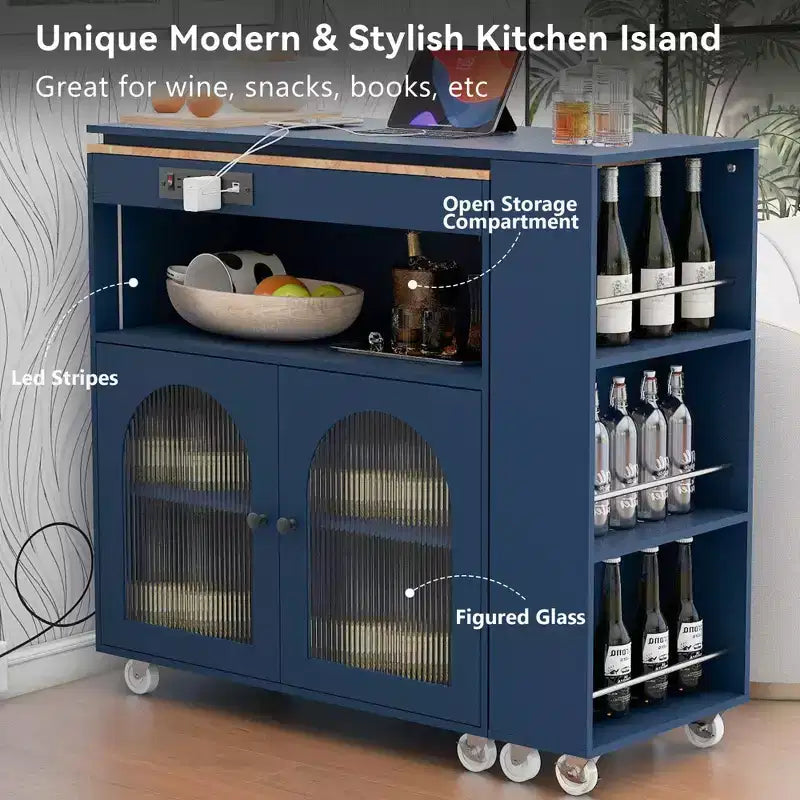 Îlot de cuisine roulant avec table extensible, îlot de cuisine sur roulettes avec lumières LED, prises électriques, 2 portes en verre cannelé et étagères de rangement