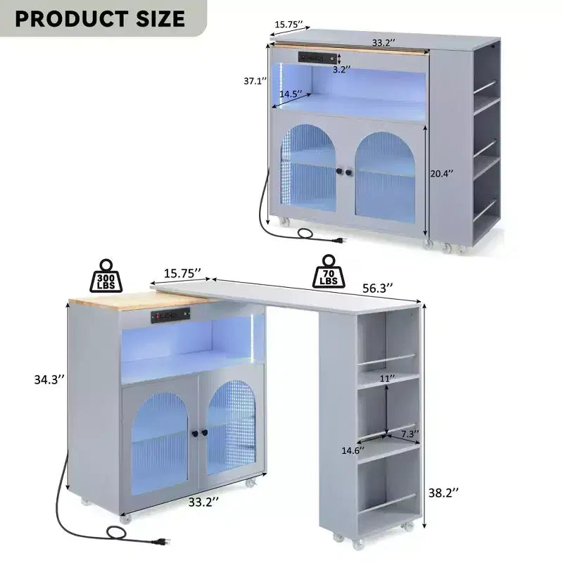 Îlot de cuisine roulant avec table extensible, îlot de cuisine sur roulettes avec lumières LED, prises électriques, 2 portes en verre cannelé et étagères de rangement