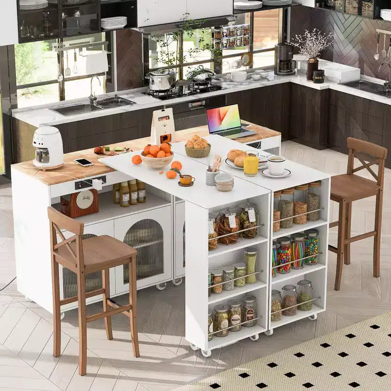 Îlot de cuisine roulant avec table extensible, îlot de cuisine sur roulettes avec lumières LED, prises électriques, 2 portes en verre cannelé et étagères de rangement