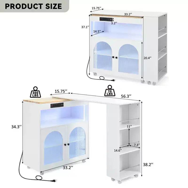 Îlot de cuisine roulant avec table extensible, îlot de cuisine sur roulettes avec lumières LED, prises électriques, 2 portes en verre cannelé et étagères de rangement