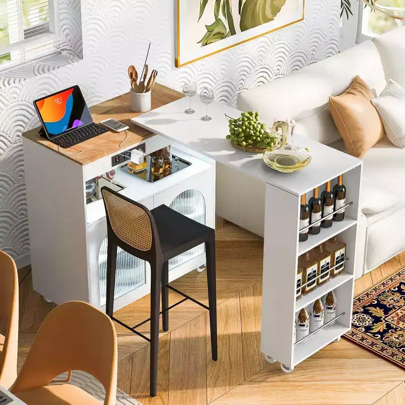 Îlot de cuisine roulant avec table extensible, îlot de cuisine sur roulettes avec lumières LED, prises électriques, 2 portes en verre cannelé et étagères de rangement
