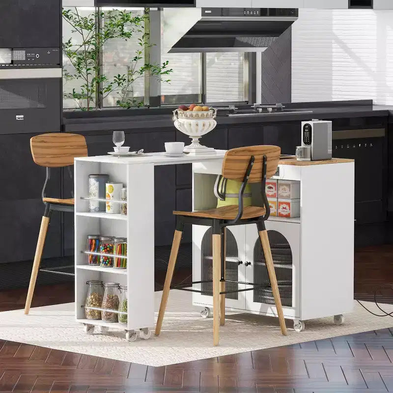 Îlot de cuisine roulant avec table extensible, îlot de cuisine sur roulettes avec lumières LED, prises électriques, 2 portes en verre cannelé et étagères de rangement