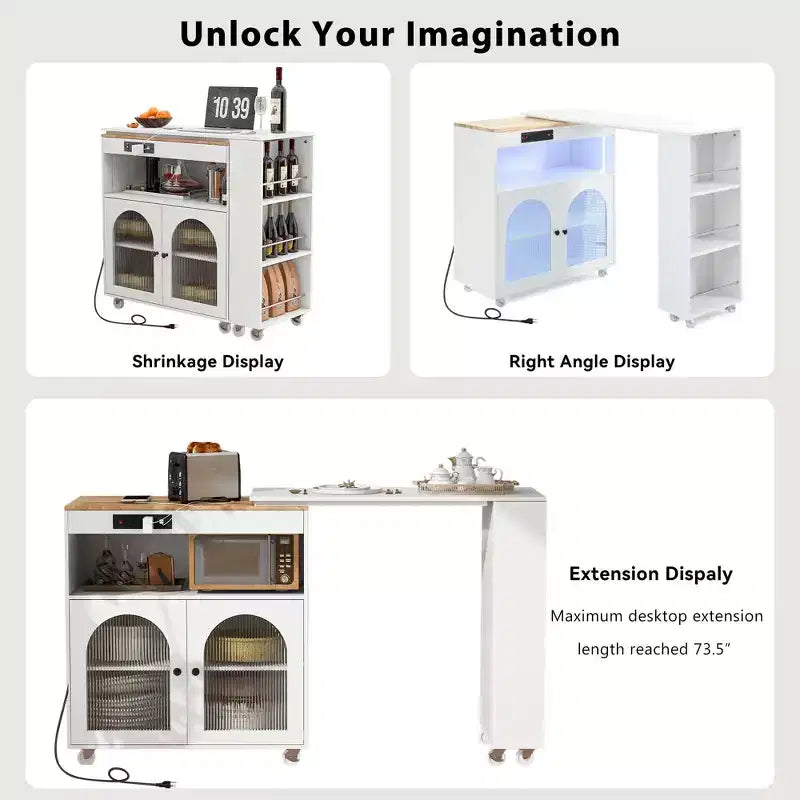 Îlot de cuisine roulant avec table extensible, îlot de cuisine sur roulettes avec lumières LED, prises électriques, 2 portes en verre cannelé et étagères de rangement
