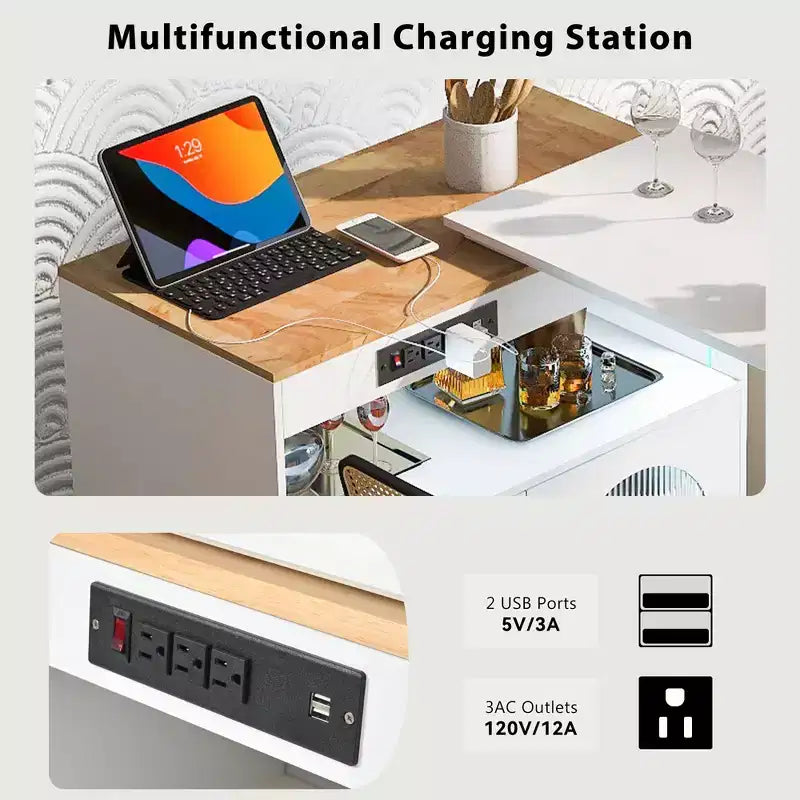 Îlot de cuisine roulant avec table extensible, îlot de cuisine sur roulettes avec lumières LED, prises électriques, 2 portes en verre cannelé et étagères de rangement