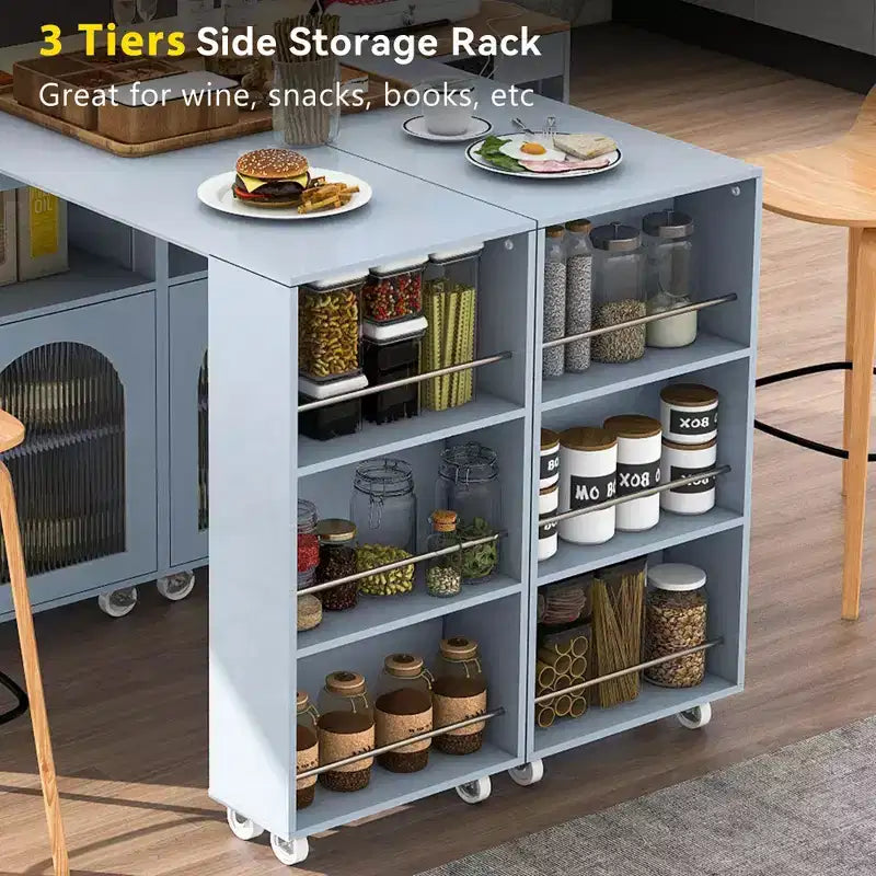 Îlot de cuisine roulant avec table extensible, îlot de cuisine sur roulettes avec lumières LED, prises électriques, 2 portes en verre cannelé et étagères de rangement