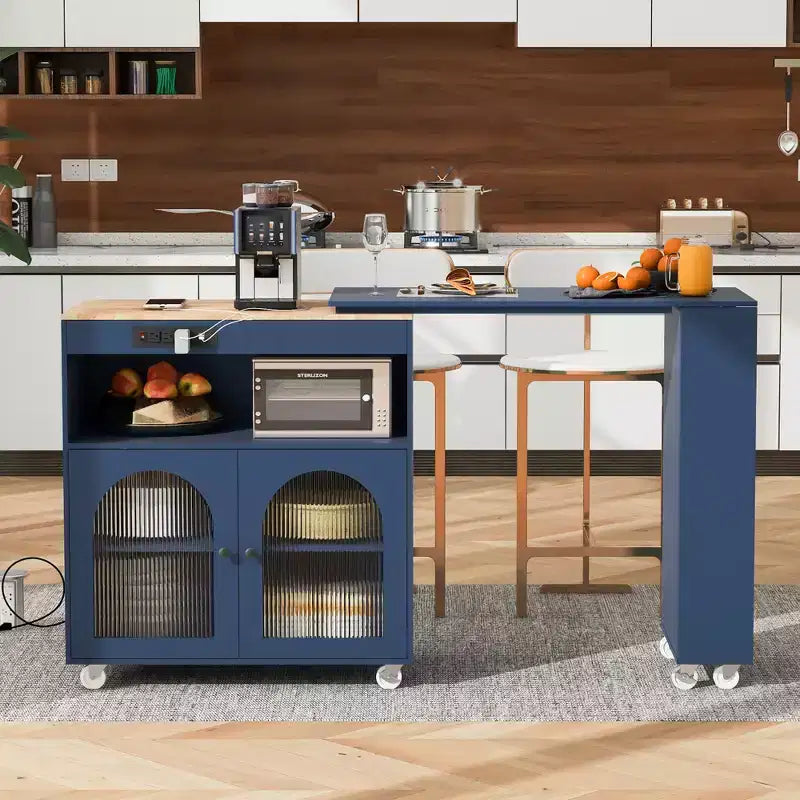 Îlot de cuisine roulant avec table extensible, îlot de cuisine sur roulettes avec lumières LED, prises électriques, 2 portes en verre cannelé et étagères de rangement