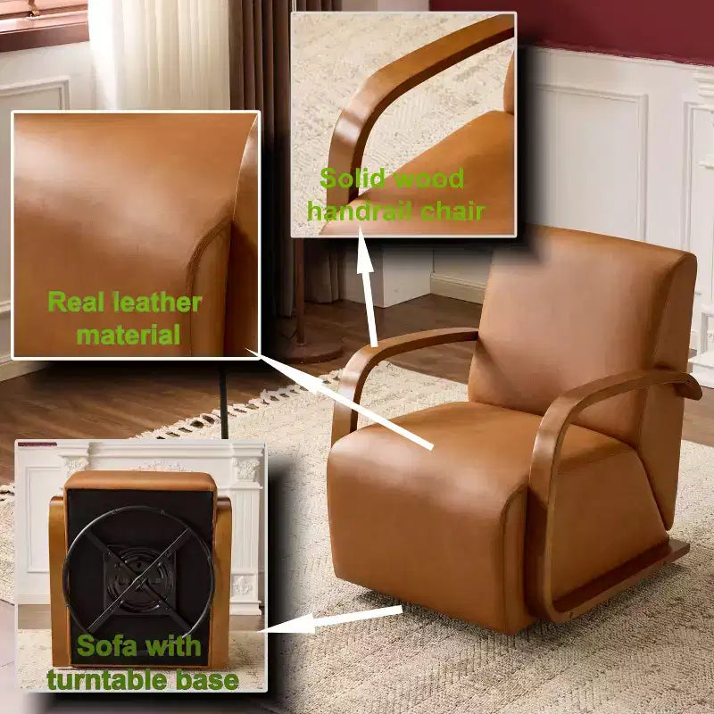 Fauteuil d'appoint pivotant, Fauteuil de salon avec revêtement en similicuir, Accoudoirs en bois massif, Fauteuil pivotant simple et ergonomique pour le salon