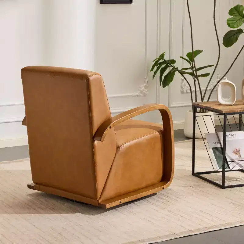 Fauteuil d'appoint pivotant, Fauteuil de salon avec revêtement en similicuir, Accoudoirs en bois massif, Fauteuil pivotant simple et ergonomique pour le salon