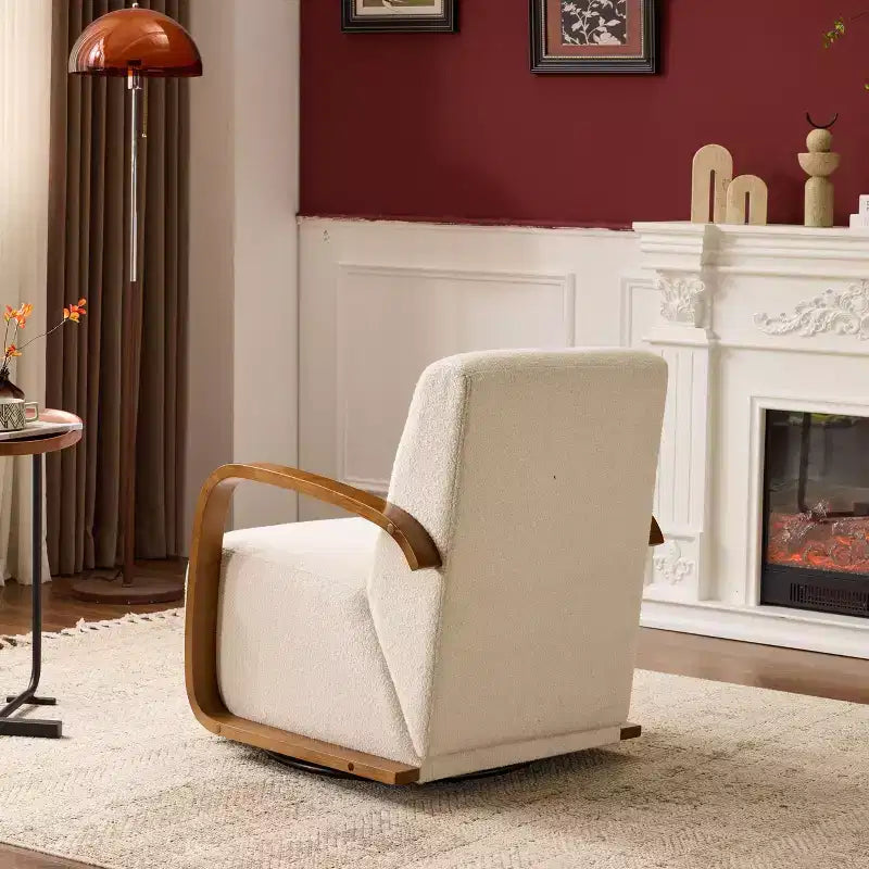 Fauteuil d'appoint pivotant, Fauteuil de salon avec revêtement en similicuir, Accoudoirs en bois massif, Fauteuil pivotant simple et ergonomique pour le salon