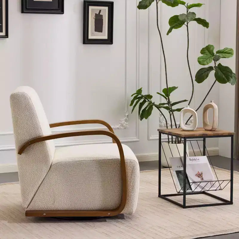 Fauteuil d'appoint pivotant, Fauteuil de salon avec revêtement en similicuir, Accoudoirs en bois massif, Fauteuil pivotant simple et ergonomique pour le salon