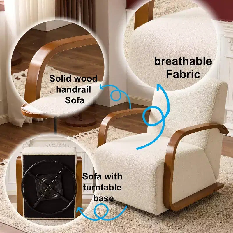 Fauteuil d'appoint pivotant, Fauteuil de salon avec revêtement en similicuir, Accoudoirs en bois massif, Fauteuil pivotant simple et ergonomique pour le salon